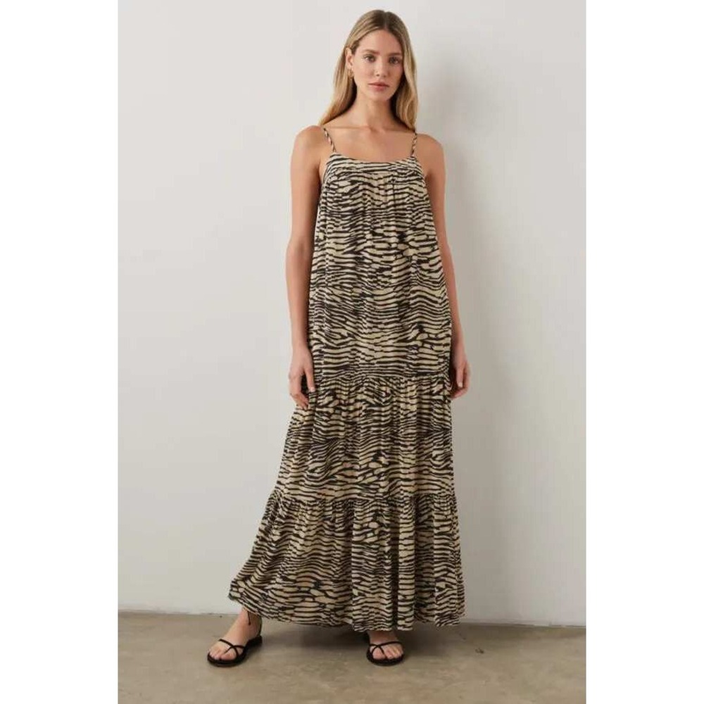 Rails Maty Dress Women Medium Sand Stone Zebra Print Tiered Maxi Spaghetti Strap